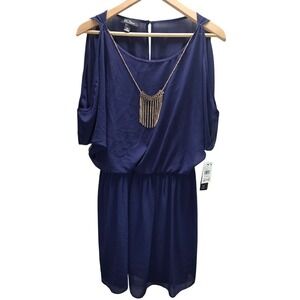 BCX Drape Front Necklace Detail Dress Women's Size XS Navy Cold Shoulder‎